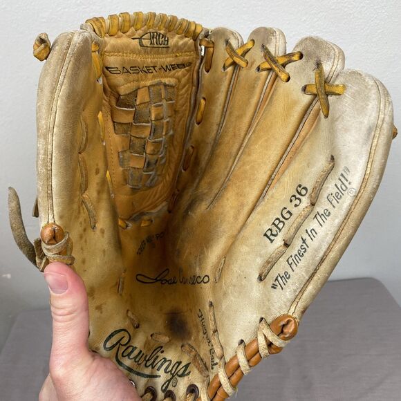 Vintage Rawlings RBG36 Jose Canseco 12 Inch Leather Baseball Glove Basket Web Mi - Picture 4 of 6